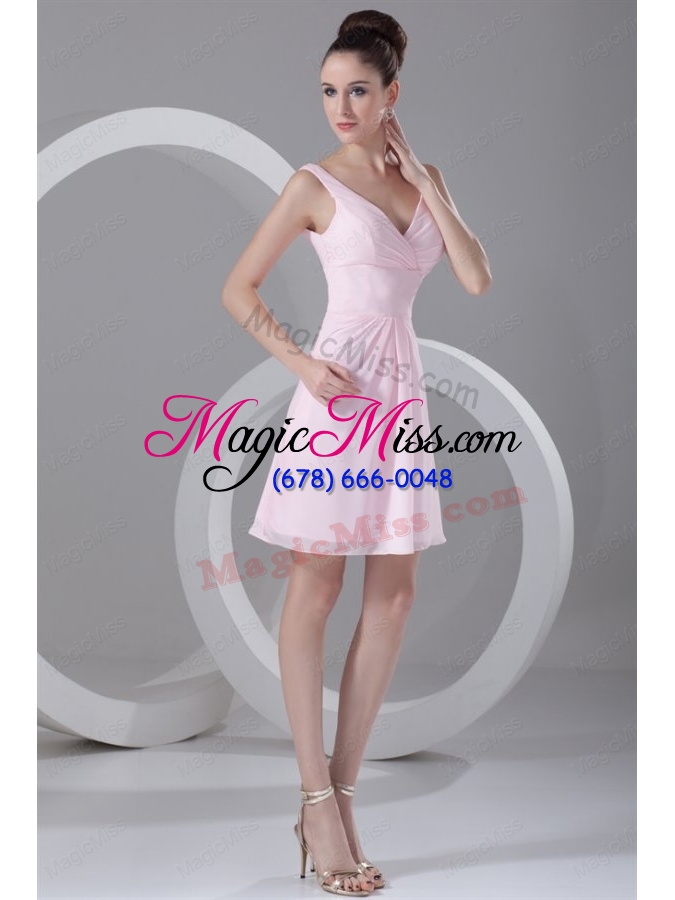 wholesale pink a line v neck mini length ruching chiffon bridesmaid dress