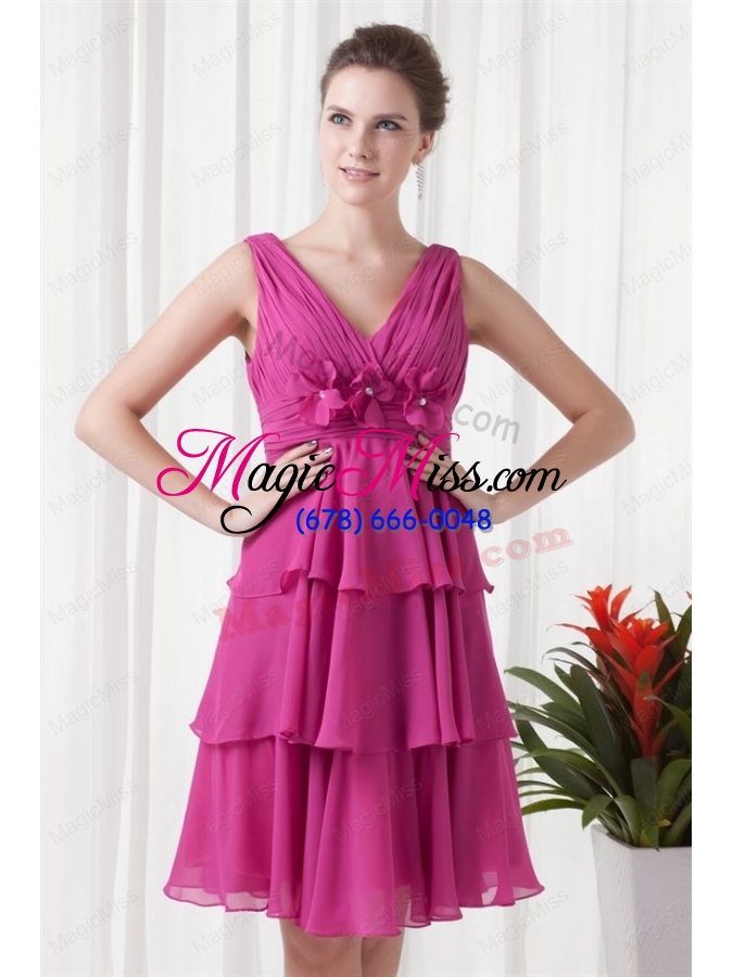 wholesale empire v neck knee length fuchsia chiffon ruching bridesmaid dress