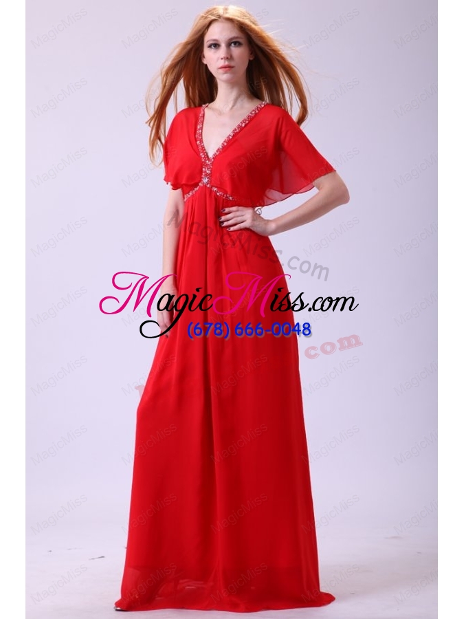 wholesale affordable v neck beading short sleeves mother of the bride dresses in red