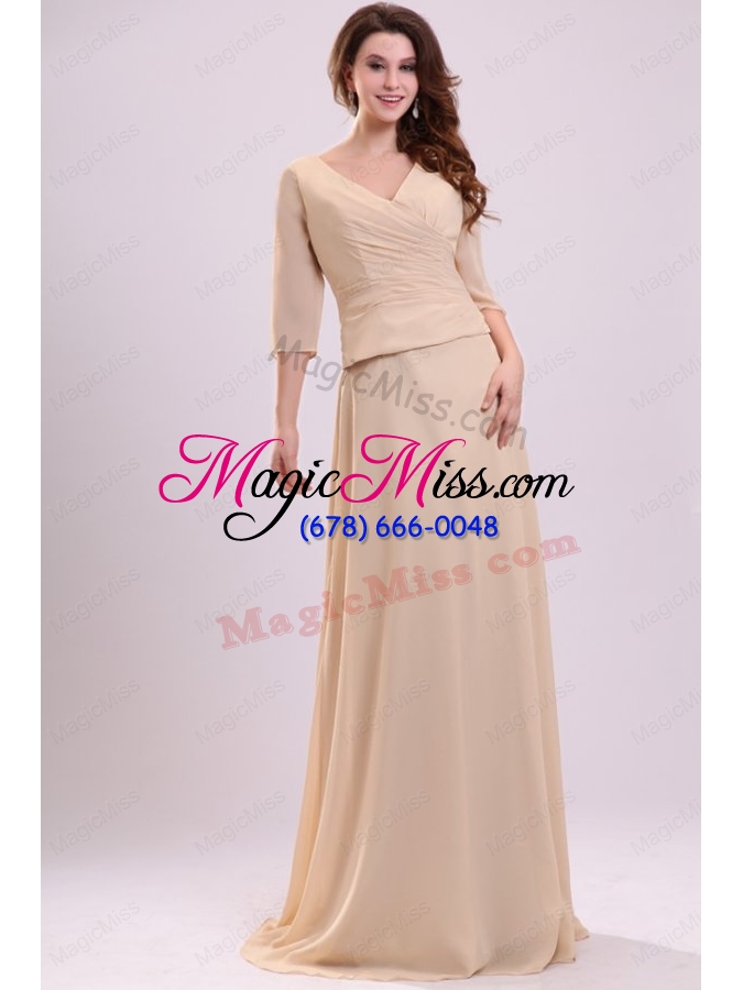 wholesale champagne column ruching chiffon mother of the bride dresses with half sleeves