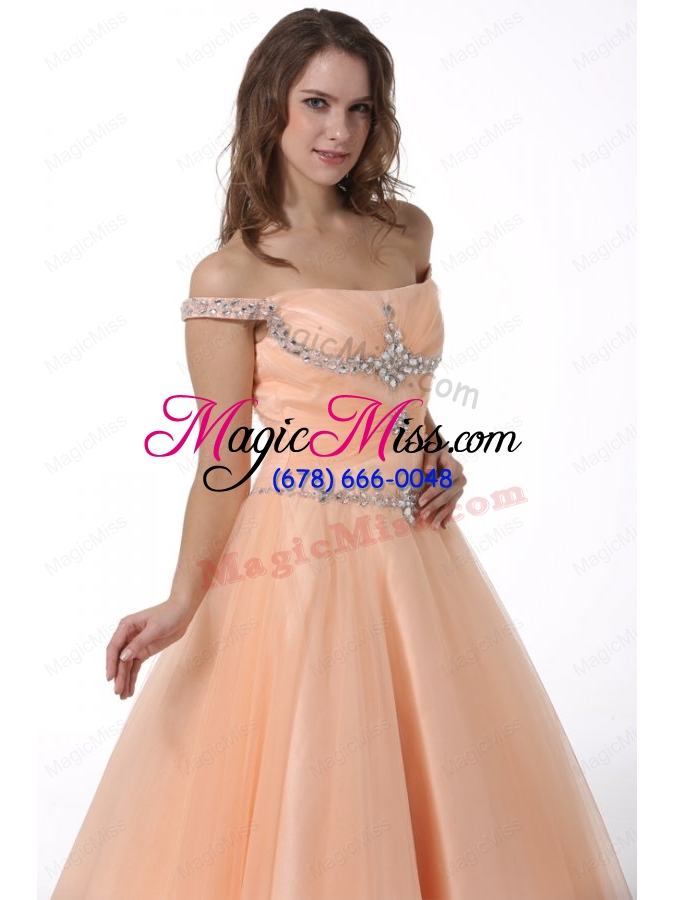 wholesale peach off the shoulder beading ruching tulle mother of the bride dresses