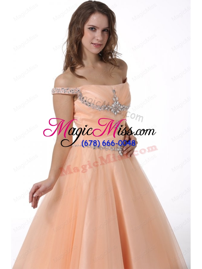 wholesale peach off the shoulder beading ruching tulle mother of the bride dresses