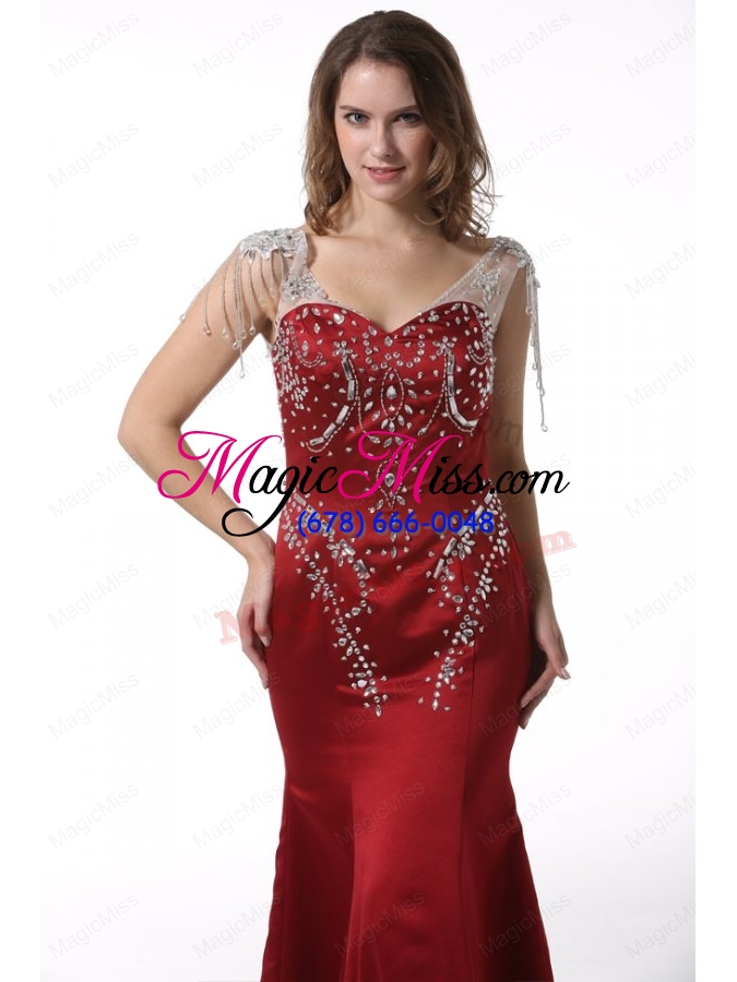 wholesale wine red court train v neck mermaid mother of the bride dresses with beading