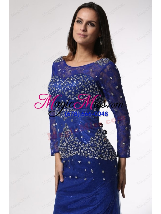 wholesale royal blue column scoop beaded mother of the bride dresses with long sleeves