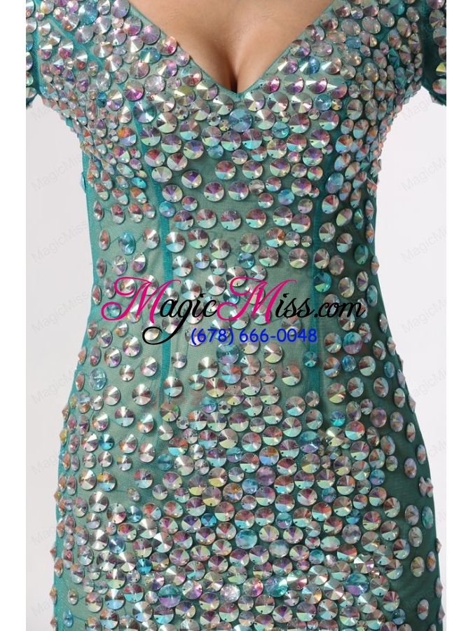 wholesale v neck long sleeves turquoise short mother of the bride dresses with beading