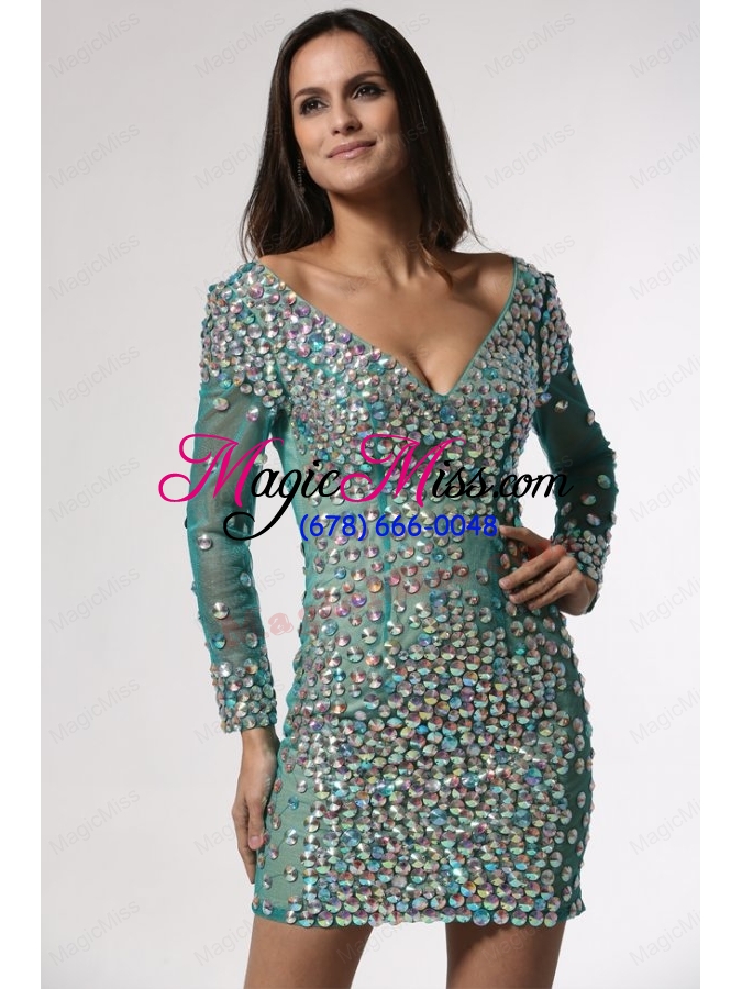 wholesale v neck long sleeves turquoise short mother of the bride dresses with beading