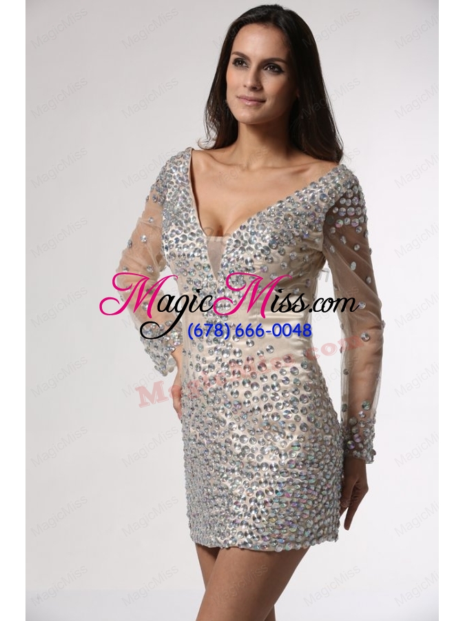 wholesale champagne v neck long sleeves mother of the bride dresses with beading