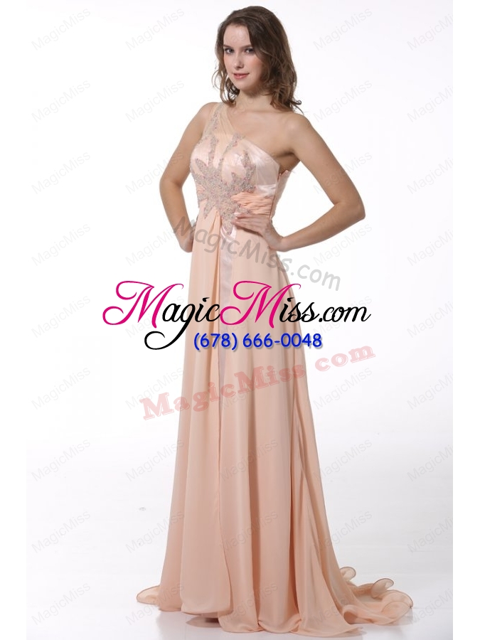 wholesale peach empire one shoulder brush train mother of the bride dresses with beading