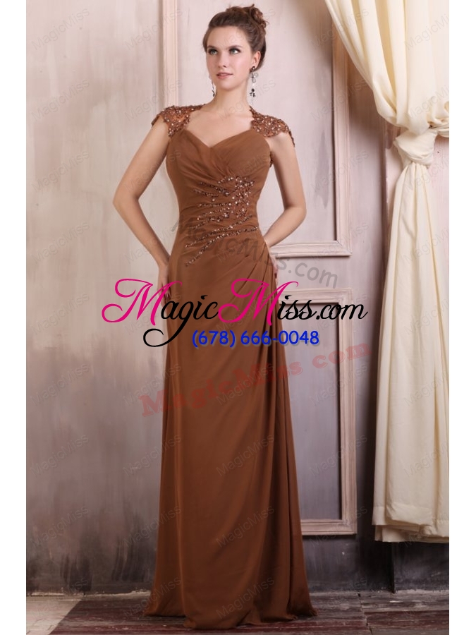wholesale v neck column chiffon appliques mother of the bride dresses in brown