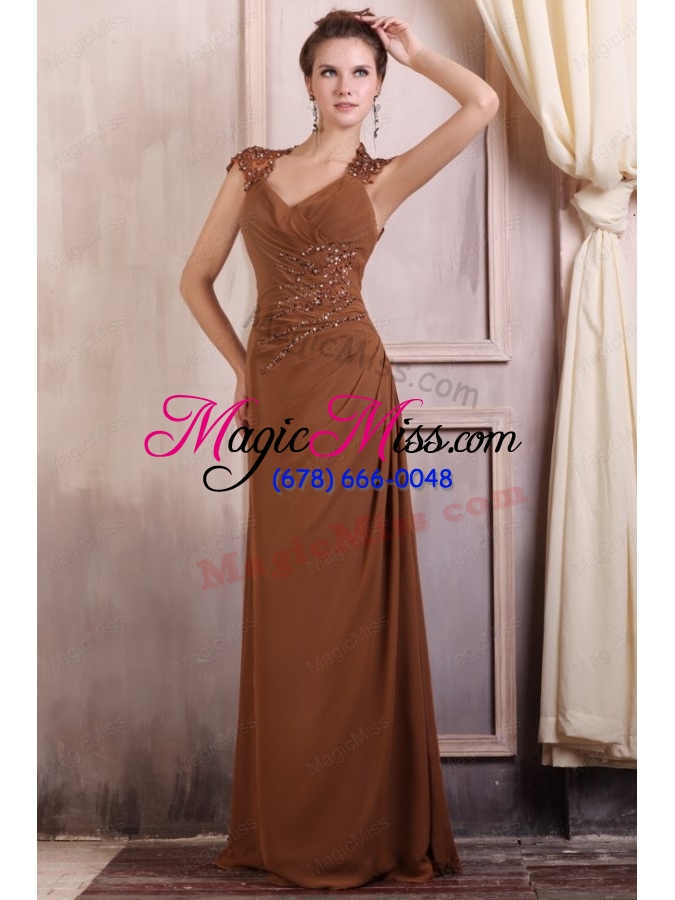 wholesale v neck column chiffon appliques mother of the bride dresses in brown