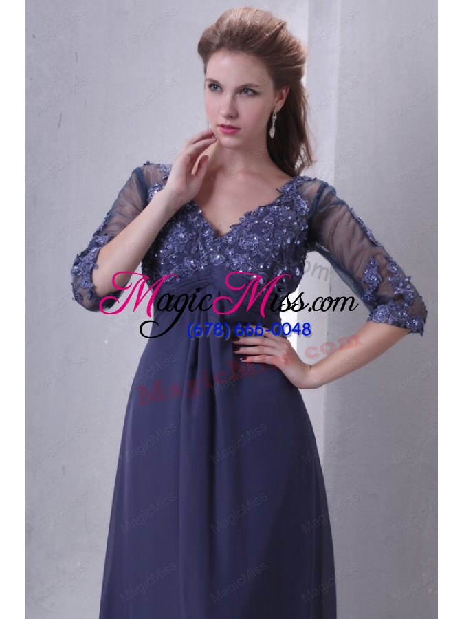wholesale empire v neck chiffon appliques mother of the bride dresses with 3/4 sleeves