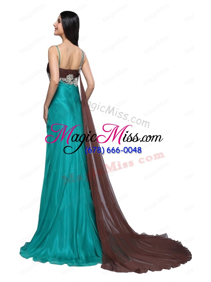 wholesale teal blue spaghetti straps beading watteau train mother of the bride dresses