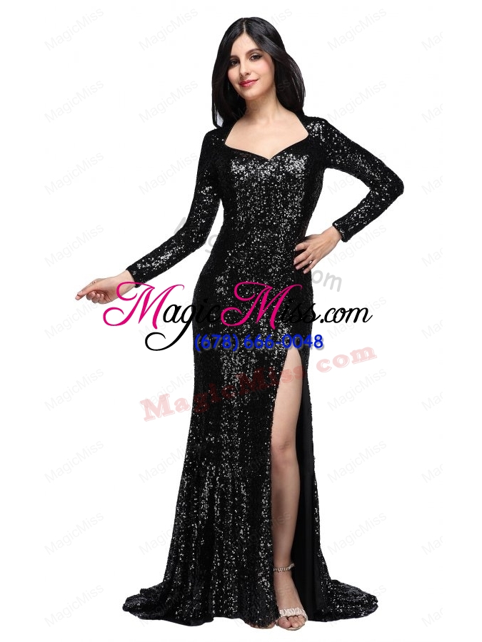 wholesale column black square long sleeves sequins high slit  mother of the bride dresses