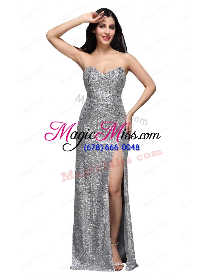wholesale column sweetheart silver sequins high slit mother of the bride dresses