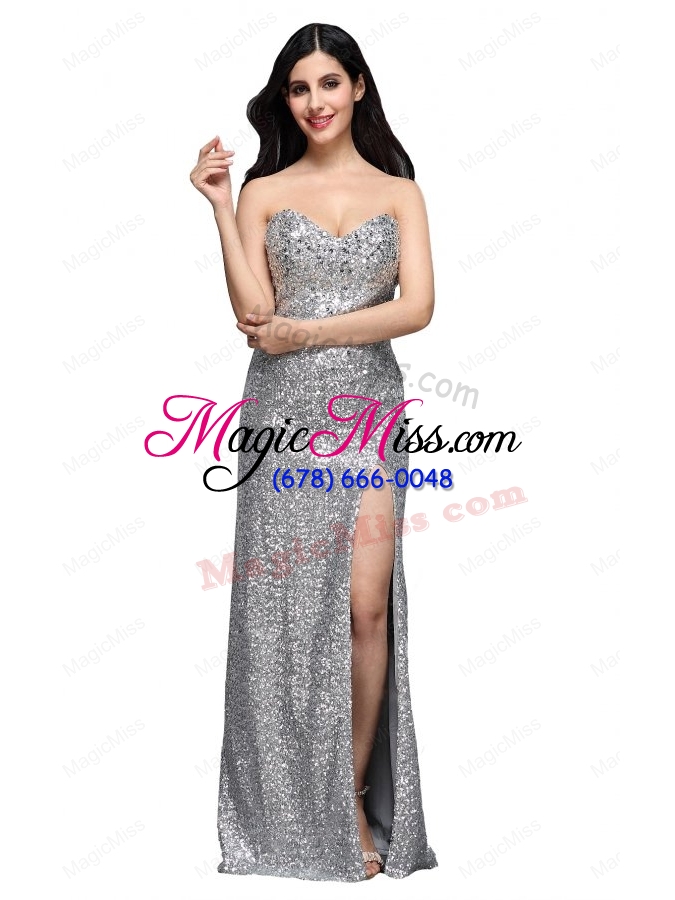wholesale column sweetheart silver sequins high slit mother of the bride dresses