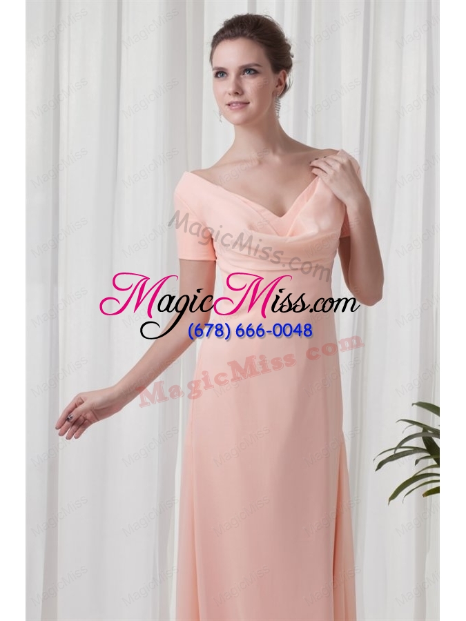 wholesale watermelon column v neck short sleeves ruching mother of the bride dresses