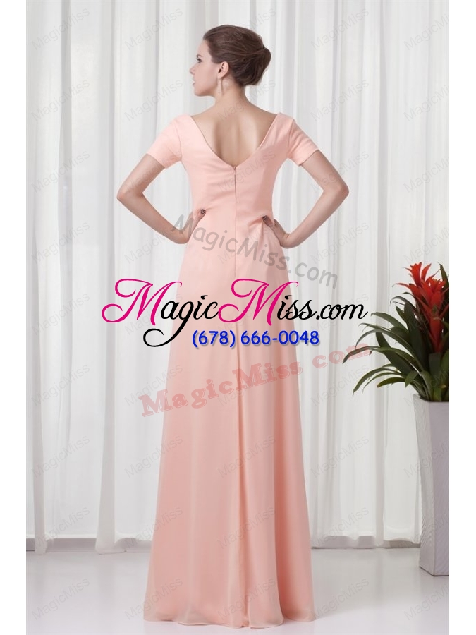 wholesale watermelon column v neck short sleeves ruching mother of the bride dresses