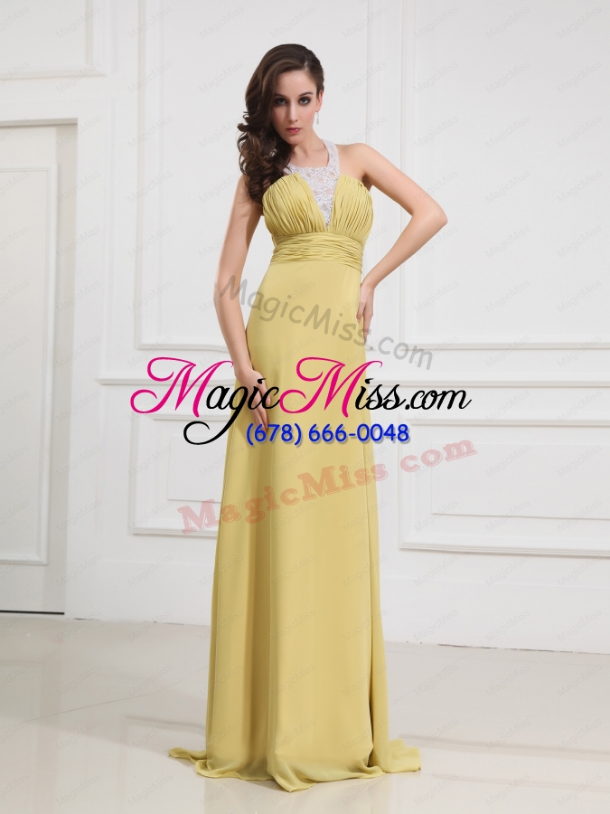 wholesale 2014 formal empire beading and ruching floor length halter top prom dress