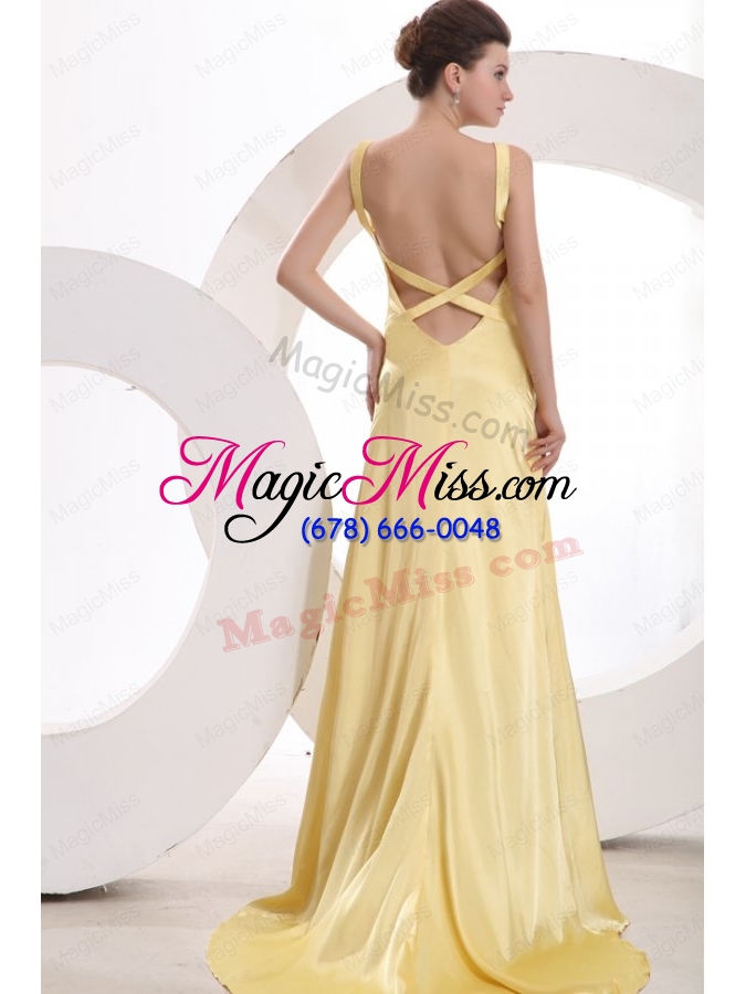 wholesale champagne column v neck criss cross ruching prom dress with brush train