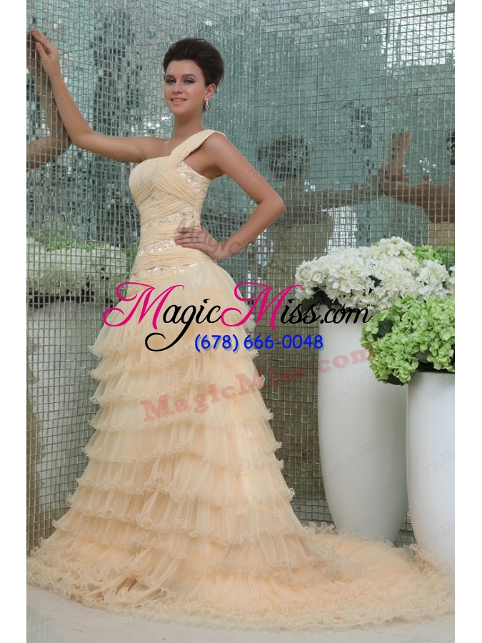 wholesale elegant princess one shoulder champagne appliques and ruching prom dress