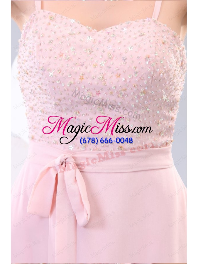 wholesale straps baby pink empire knee length prom dress with beading and bowknot