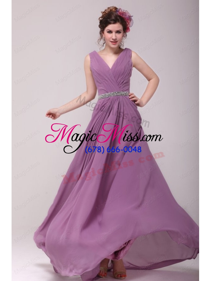 wholesale beaded decorate waist v neck chiffon lilac prom dress for girls