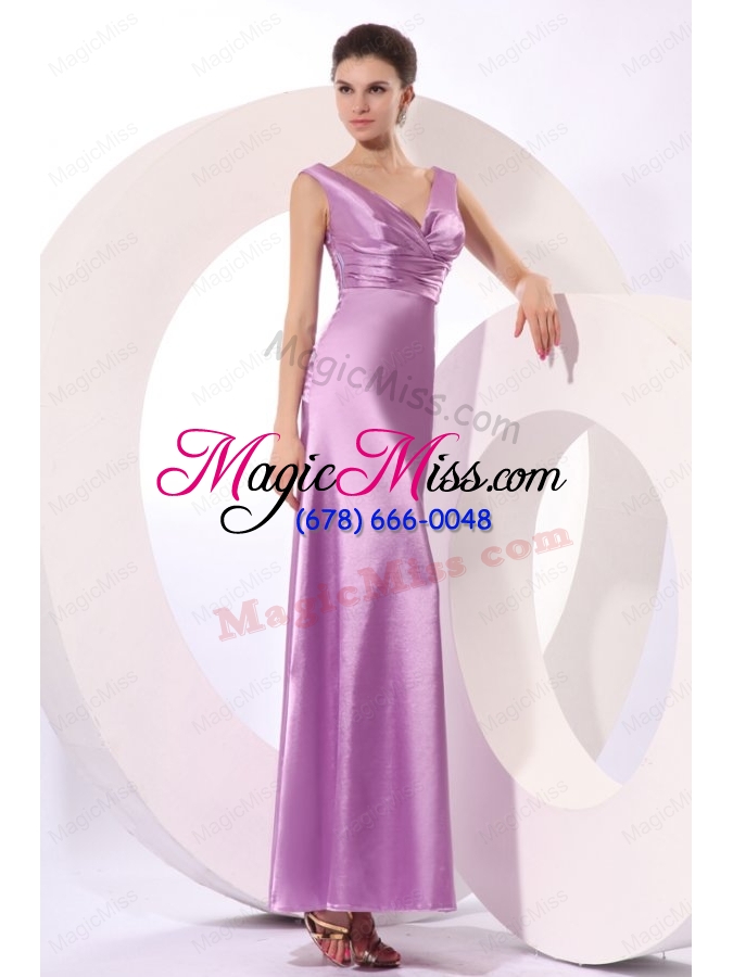 wholesale lavender v neck ruching ankle length prom dress