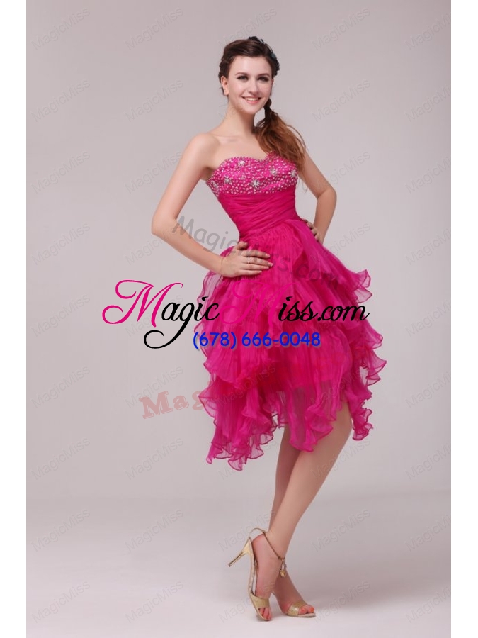 wholesale hot pink sweetheart beading and ruffles asymmetrical prom dress