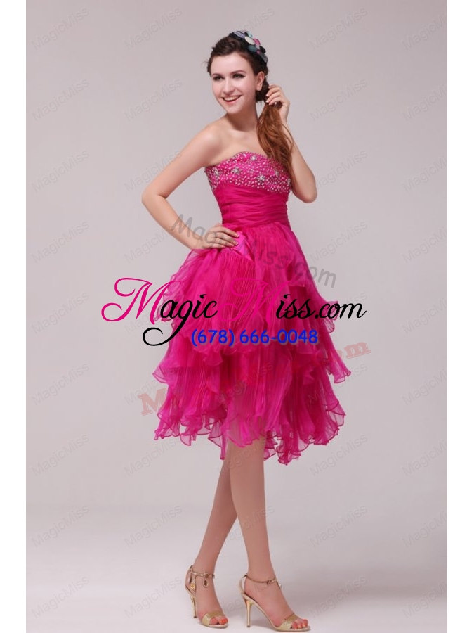 wholesale hot pink sweetheart beading and ruffles asymmetrical prom dress
