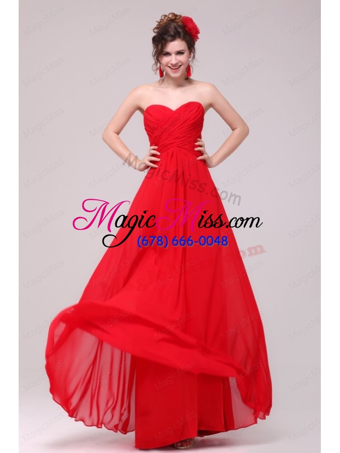 wholesale low price red sweetheart prom dress with chiffon ruching