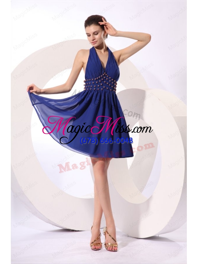 wholesale royal blue halter top knee length prom dress with beading