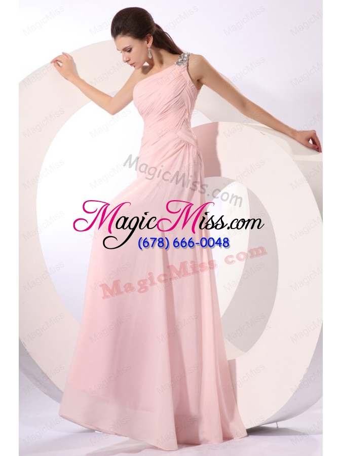 wholesale baby pink empire one shoulder beaded prom dress with ruching
