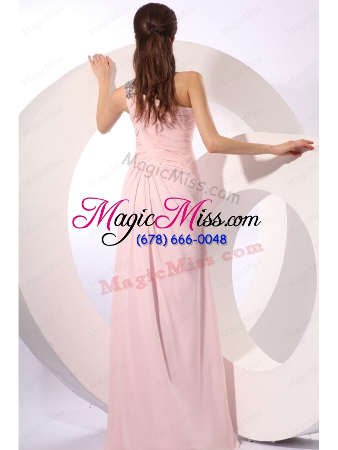 wholesale baby pink empire one shoulder beaded prom dress with ruching