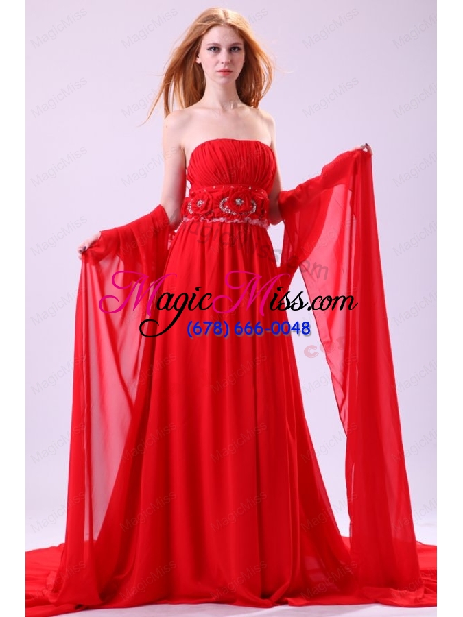 wholesale informal empire strapless chiffon hand made flowers brush train red prom dress
