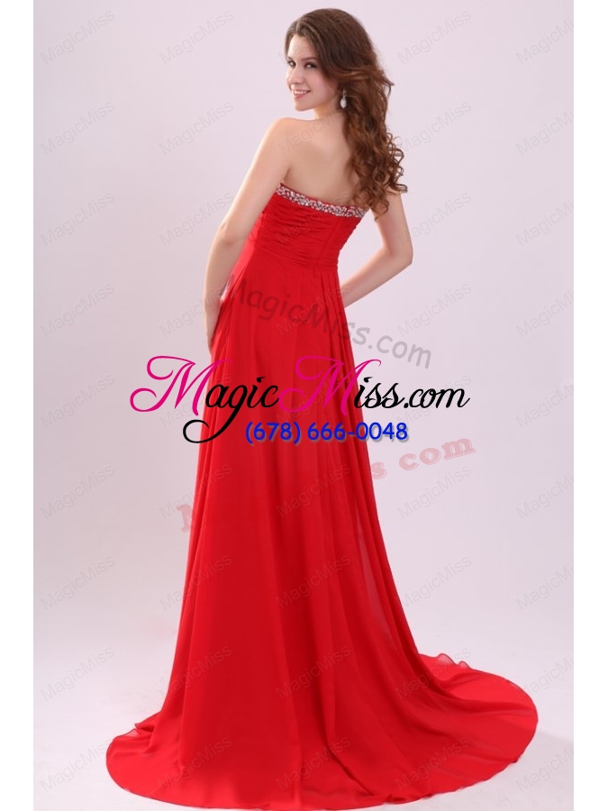 wholesale chiffon romantic empire red strapless brush train beading 2014 prom dress