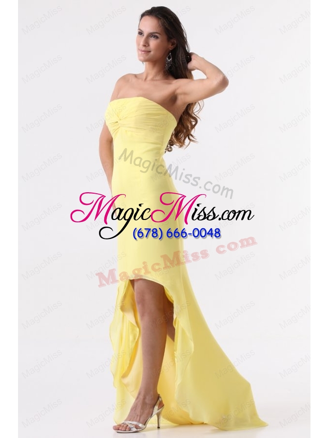 wholesale simple yellow high low prom dress with strapless