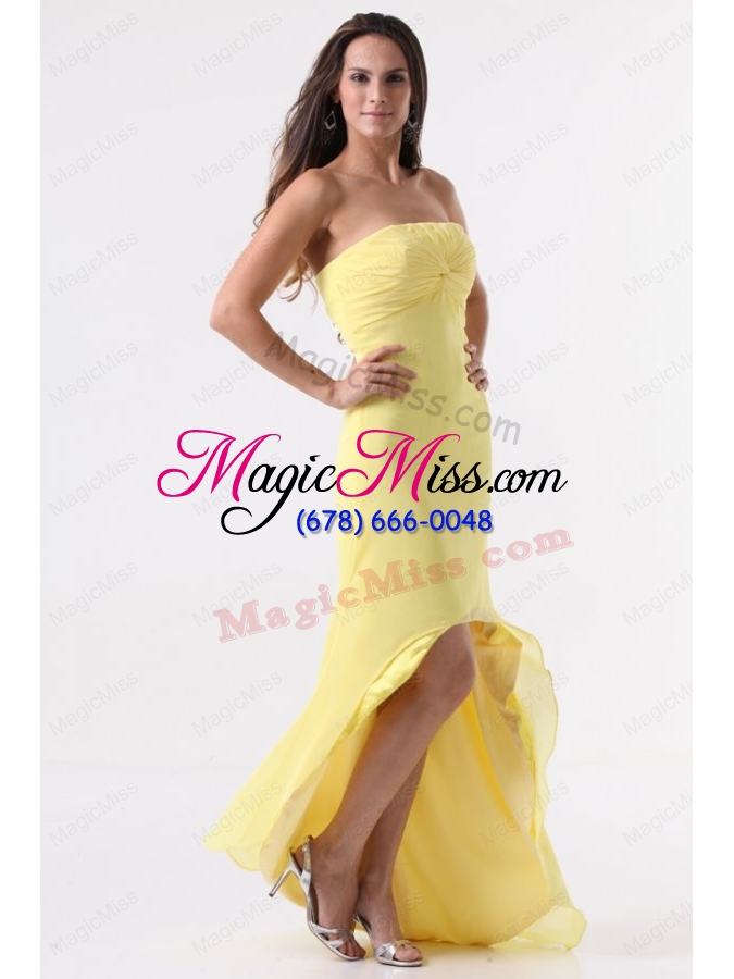 wholesale simple yellow high low prom dress with strapless