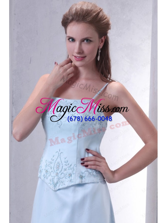 wholesale light blue empire spaghetti straps prom dress with embroidery