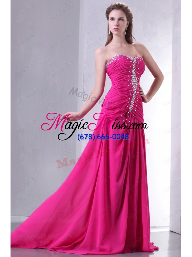 wholesale a line sweetheart beading and ruching chiffon prom dress in hot pink