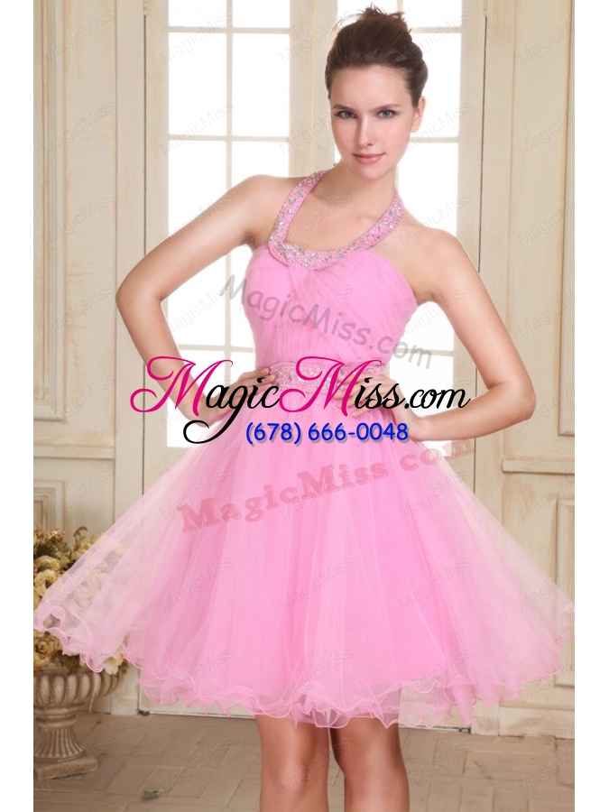 wholesale rose pink halter top neck mini length beading prom dress with organza