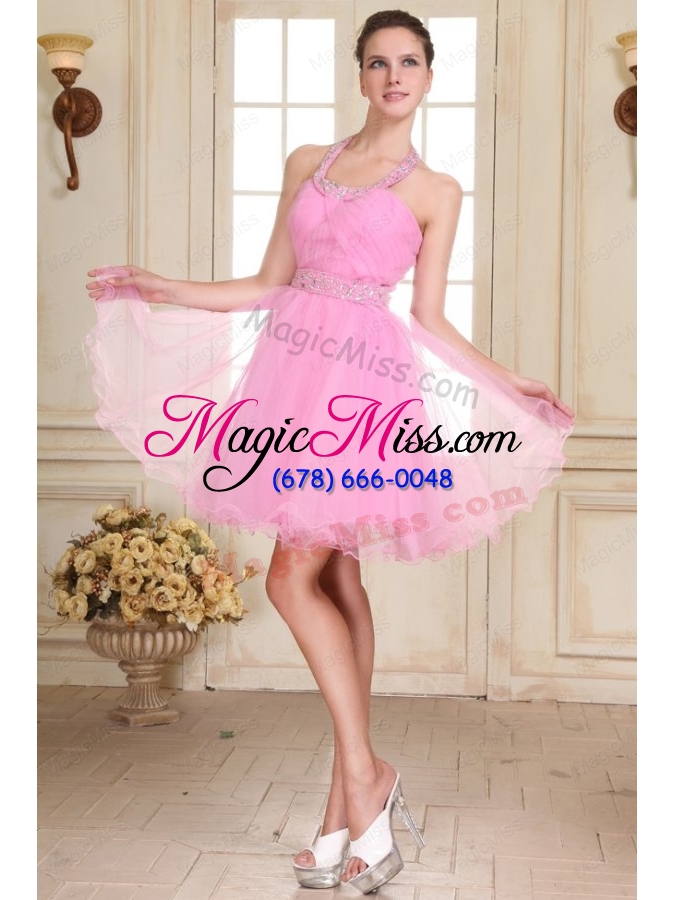 wholesale rose pink halter top neck mini length beading prom dress with organza