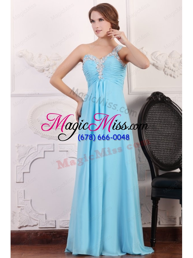 wholesale aqua blue one shoulder empire chiffon beaded decorate prom dress