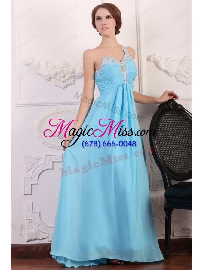 wholesale aqua blue one shoulder empire chiffon beaded decorate prom dress