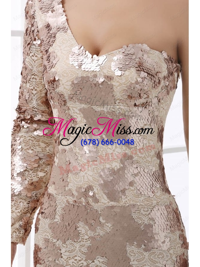wholesale champagne one shoulder lace long sleeves prom dress with sequins