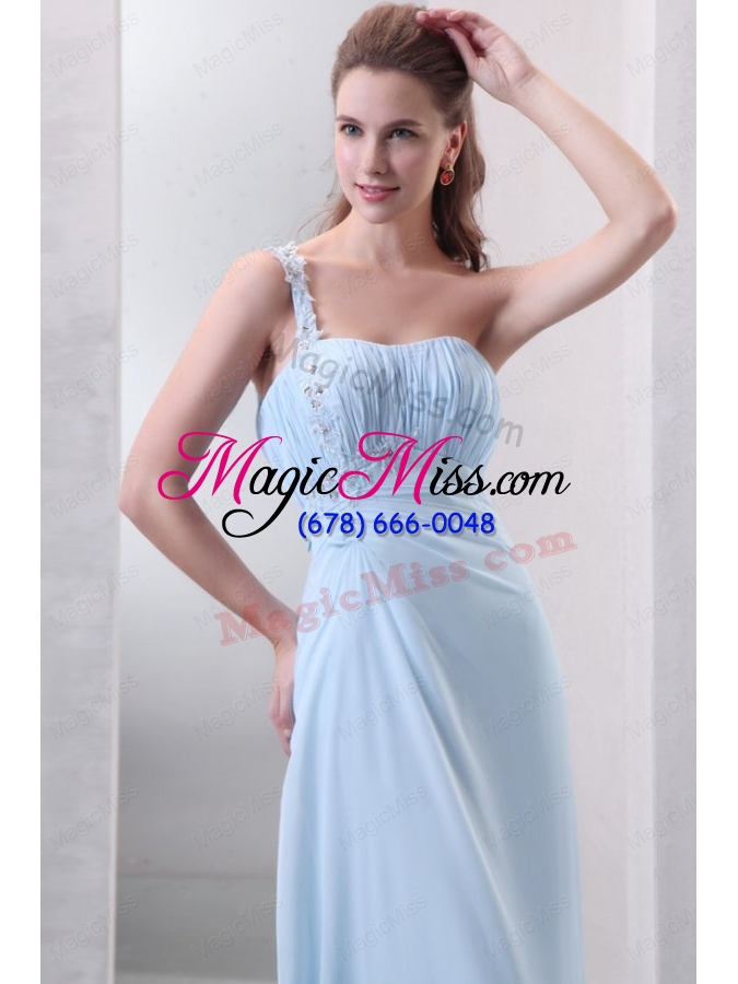 wholesale light blue one shoulder empire chiffon prom dress with appliques