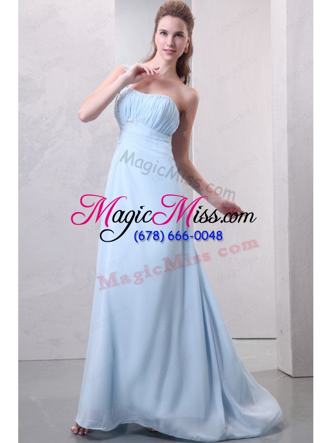 wholesale light blue one shoulder empire chiffon prom dress with appliques