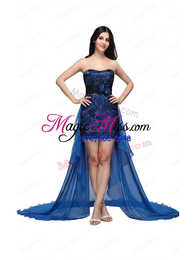 wholesale column royal blue strapless lace beading high low prom dress