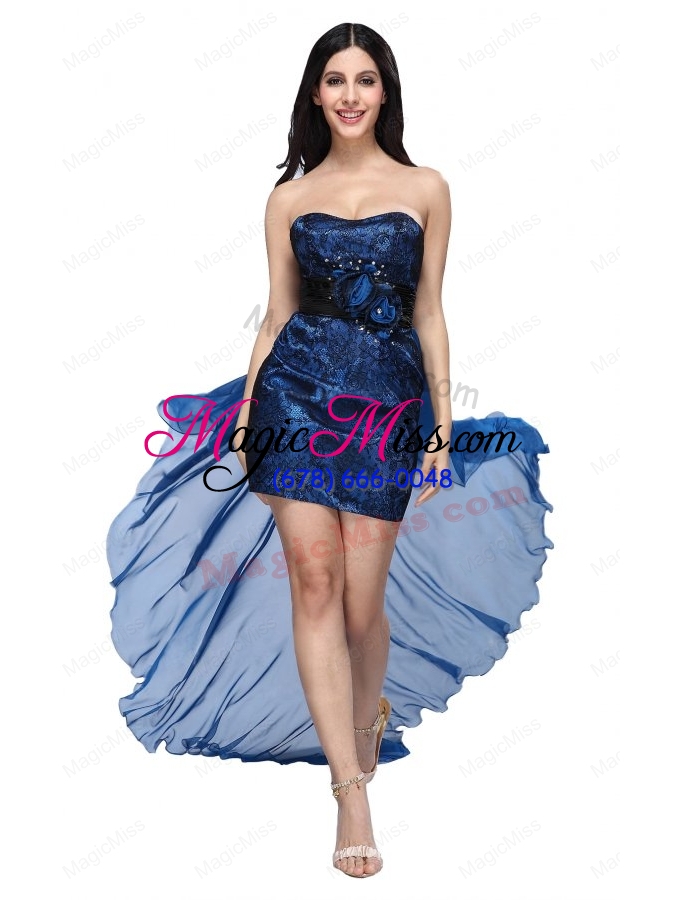 wholesale column royal blue strapless lace beading high low prom dress