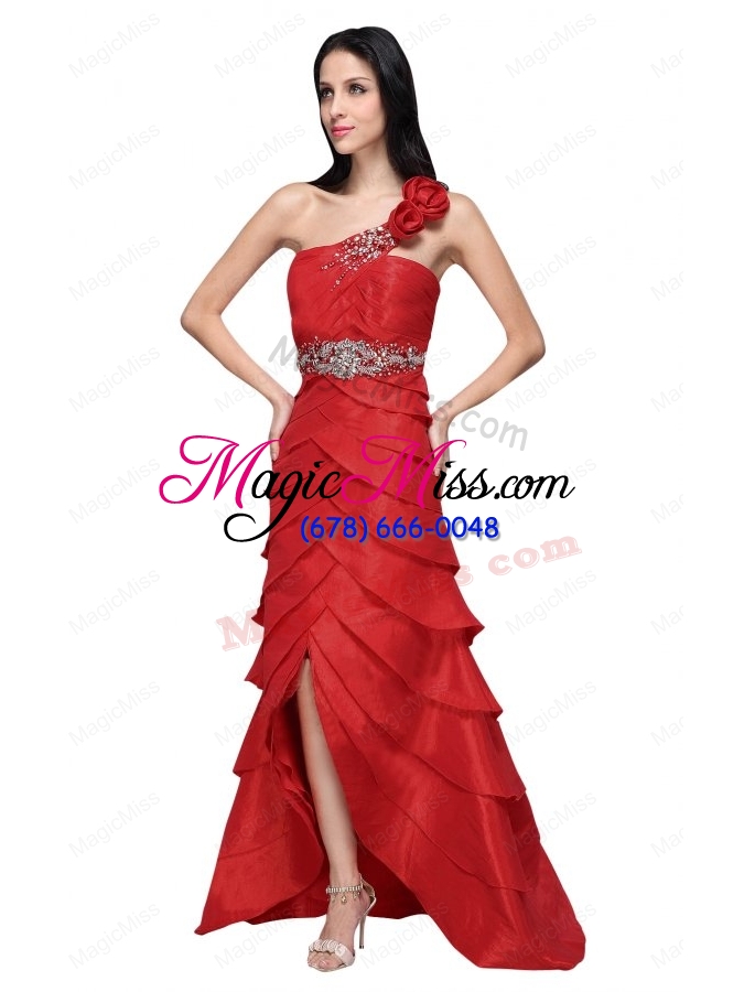 wholesale column wine red hand made flowers strapless ruffled layers prom dress