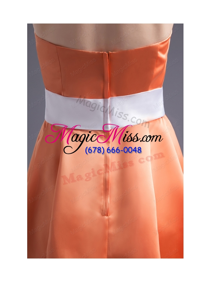 wholesale a line orange red strapless sash knee length satin prom dress